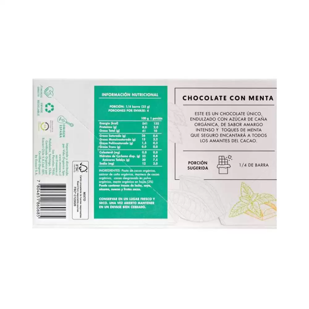 Chocolate Con Menta Org Nico Cacao Grs Manare